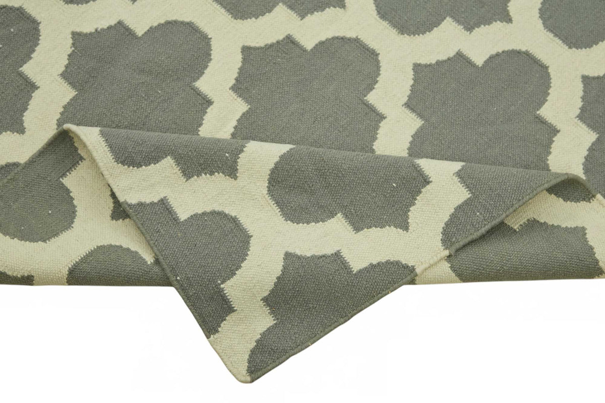 Krovix Gri ve Ekru Geometrik Desenli Yün Pamuk Modern Kilim 271x360 cm – kenar detayı