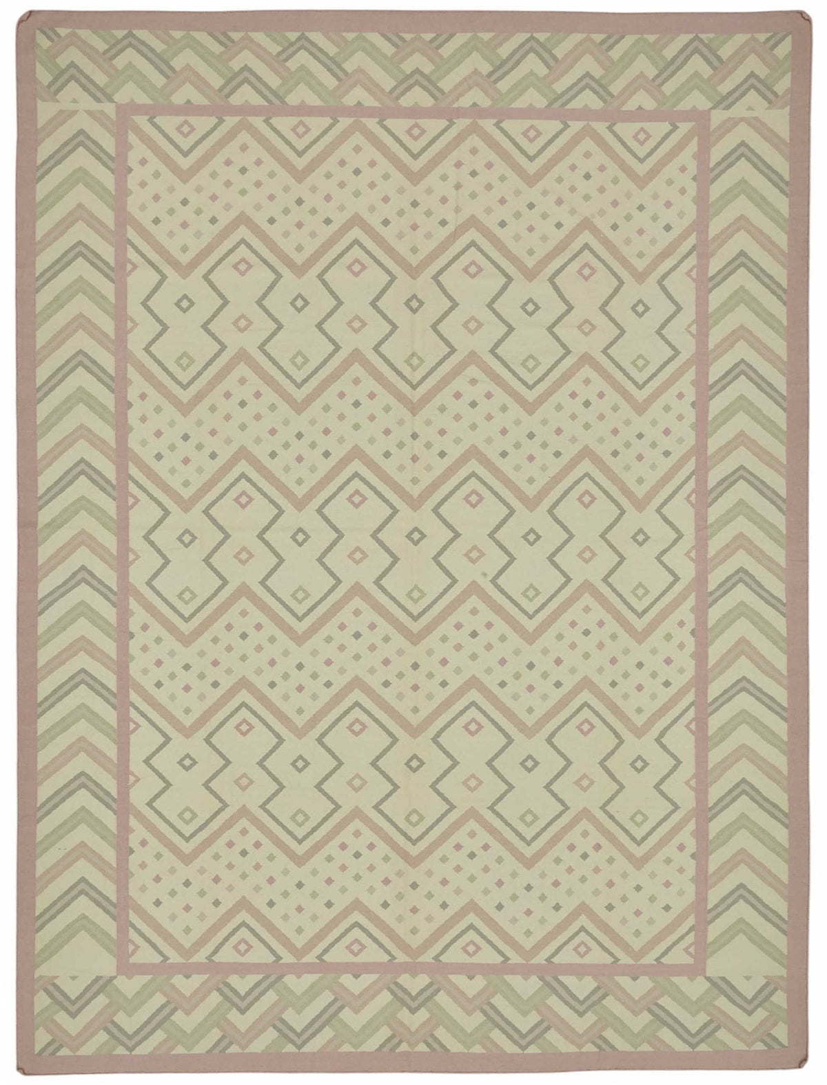 Krovix Geometrik Desenli Bej ve Gümüş Tonlu El Dokuma Kilim 300x410 cm