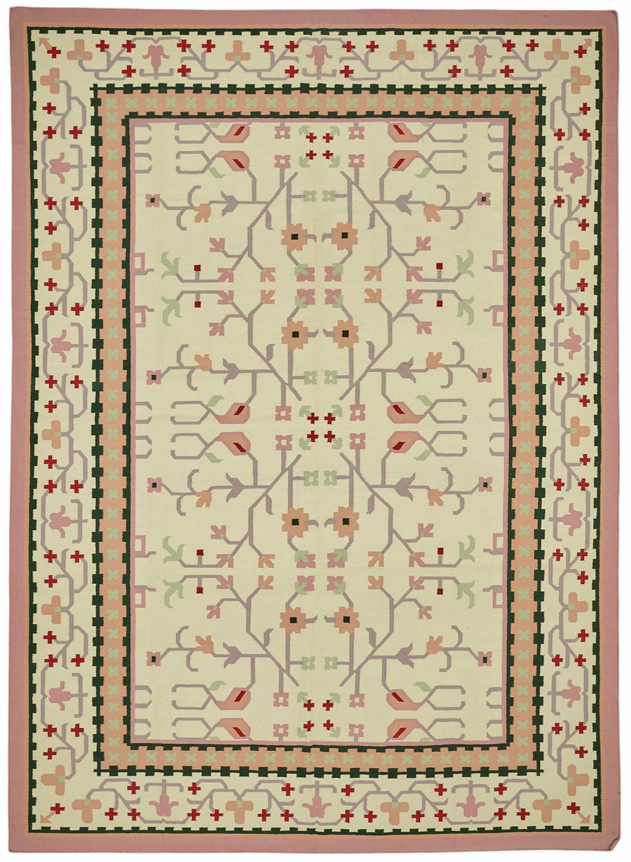 Krovix Krem Pembe Geometrik Desenli Modern Yün El Dokuma Kilim 305x427 cm