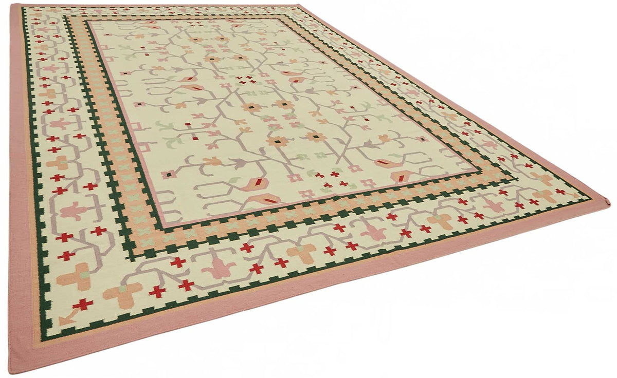 Krovix Krem Pembe Geometrik Desenli Modern Yün El Dokuma Kilim 305x427 cm – genel görünüm