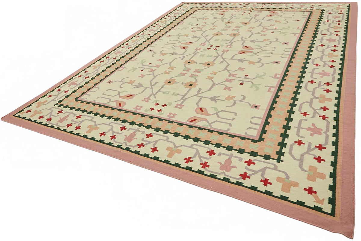 Krovix Krem Pembe Geometrik Desenli Modern Yün El Dokuma Kilim 305x427 cm – doku yakın çekim