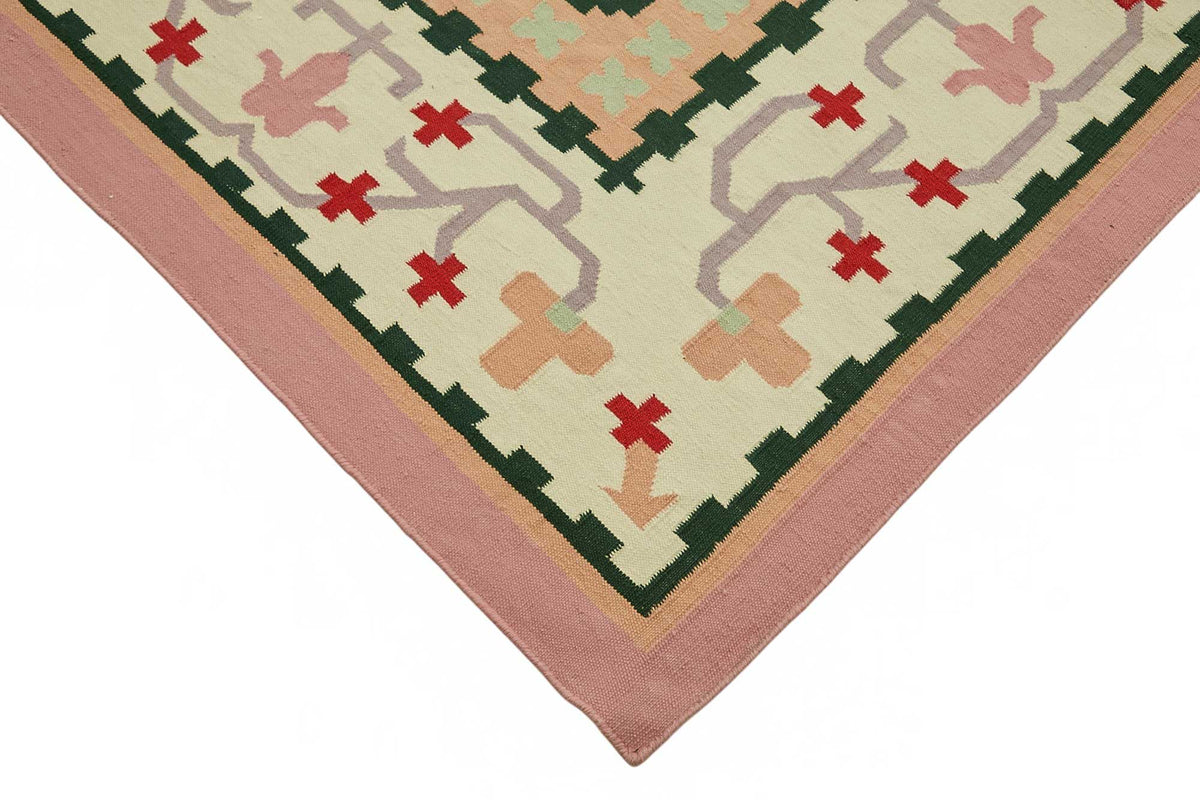 Krovix Krem Pembe Geometrik Desenli Modern Yün El Dokuma Kilim 305x427 cm – detay görünümü