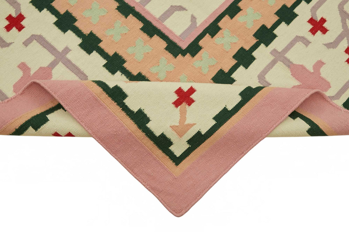 Krovix Krem Pembe Geometrik Desenli Modern Yün El Dokuma Kilim 305x427 cm – kenar detayı