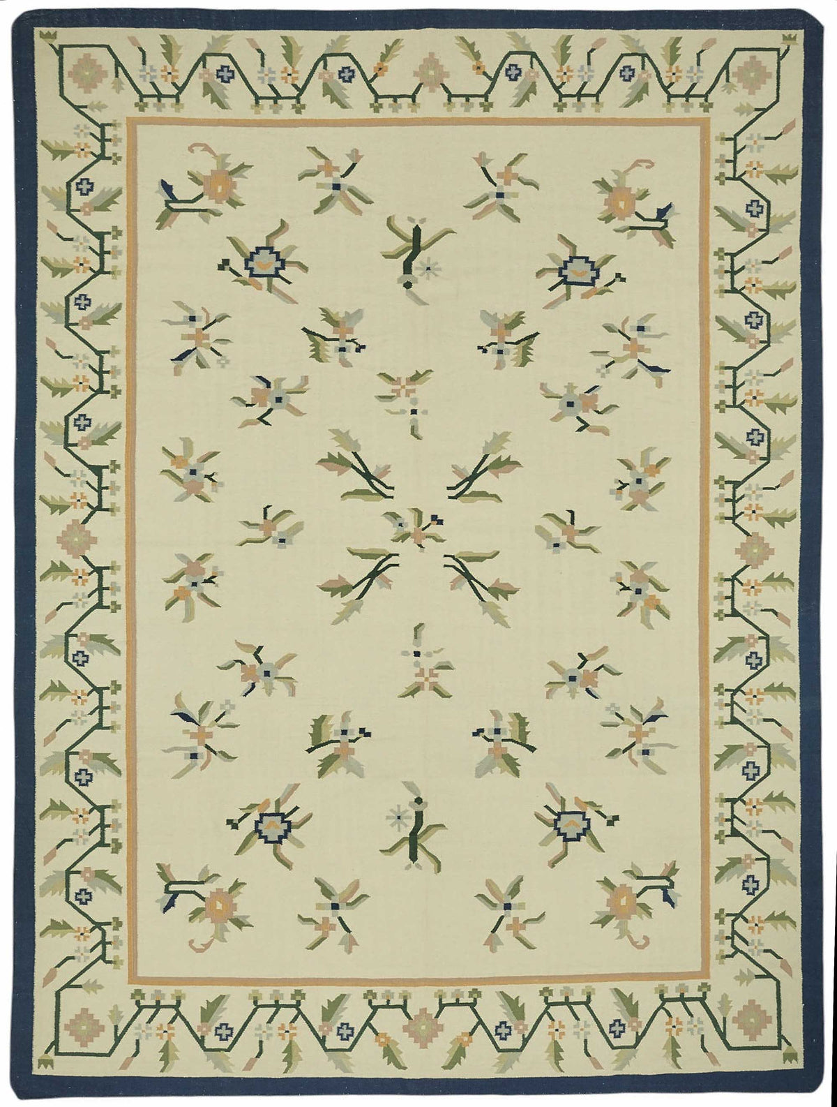 Krovix Çiçek Desenli Modern Kilim Krem ve Lacivert Tonlarda 302x412 cm
