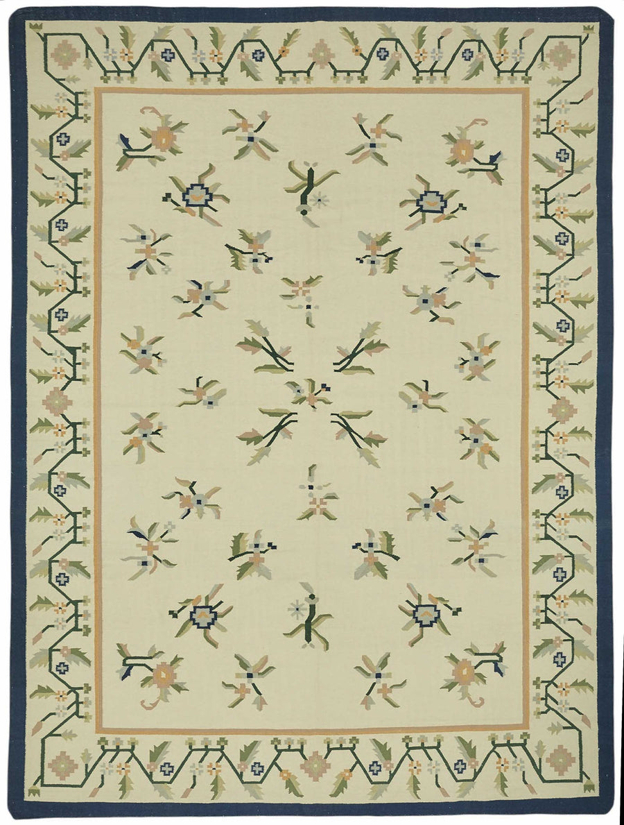 Krovix Çiçek Desenli Modern Kilim Krem ve Lacivert Tonlarda 302x412 cm