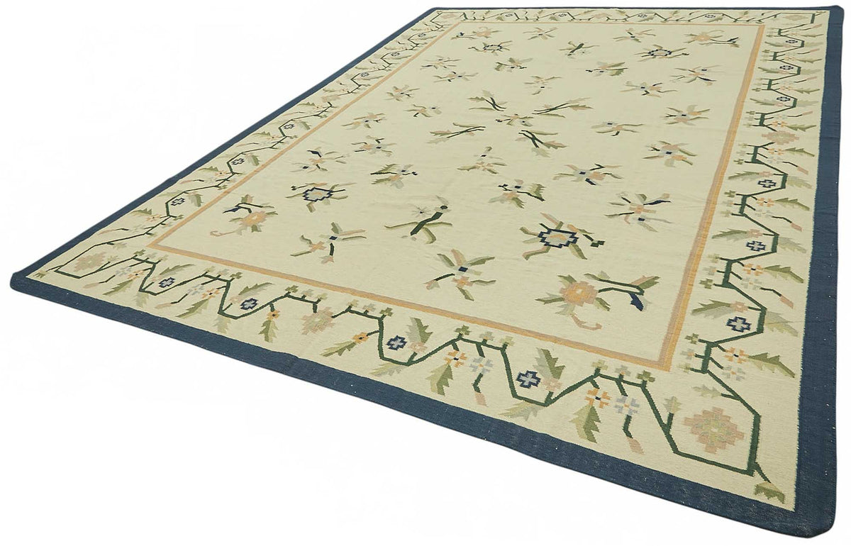 Krovix Çiçek Desenli Modern Kilim Krem ve Lacivert Tonlarda 302x412 cm – doku yakın çekim