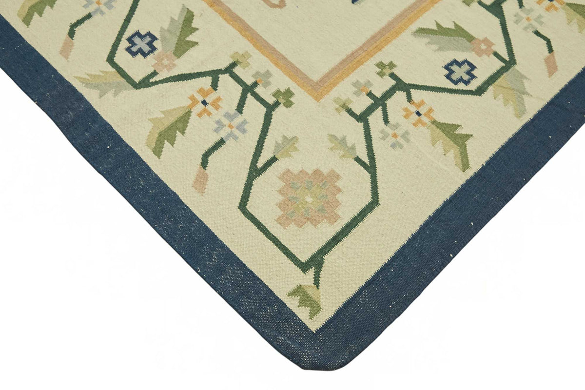Krovix Çiçek Desenli Modern Kilim Krem ve Lacivert Tonlarda 302x412 cm – detay görünümü