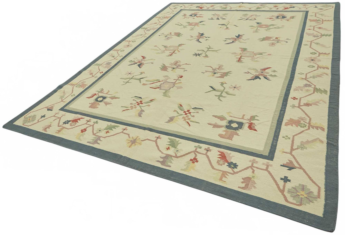 Krovix Krem Gri Geometrik El Dokuma Etnik Kilim 271x358 cm – doku yakın çekim