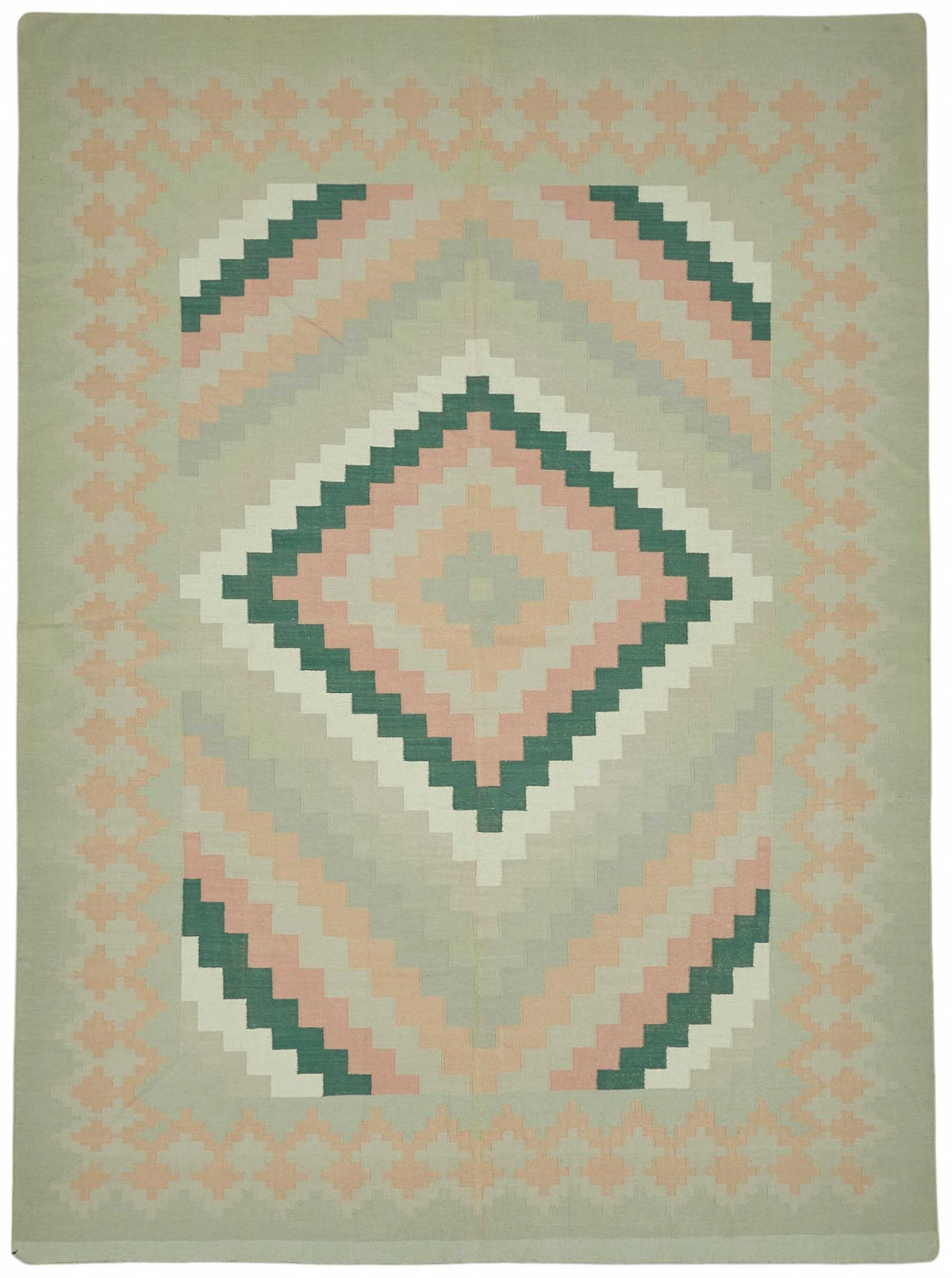 Krovix Geometrik Kilim Bej ve Pembe Baklava Desenli Düz Dokuma 303x411 cm