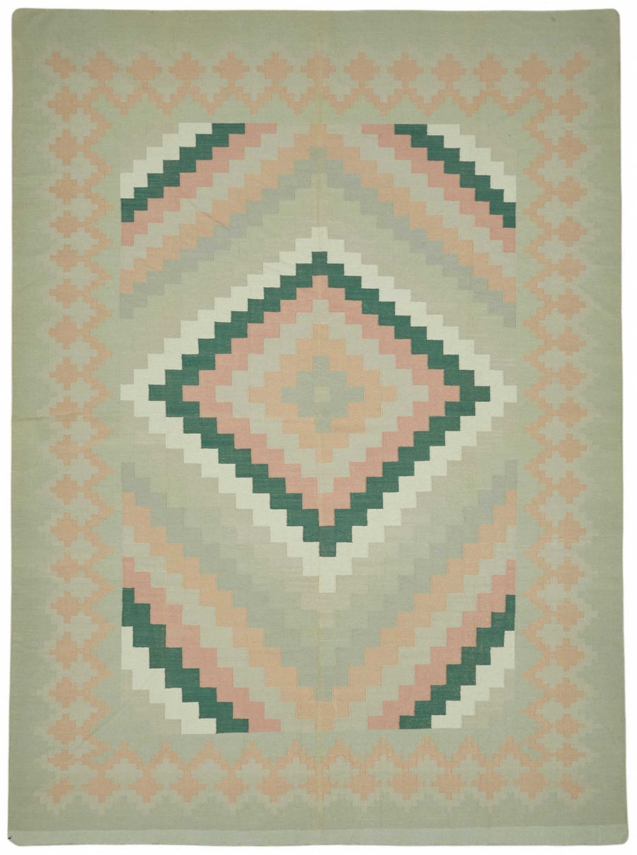 Krovix Geometrik Kilim Bej ve Pembe Baklava Desenli Düz Dokuma 303x411 cm