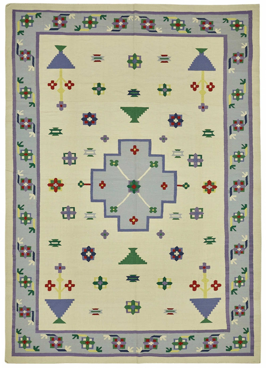Krovix Krem Lacivert Madalyon Desenli Yün Pamuk El Dokuma Kilim 286x420 cm