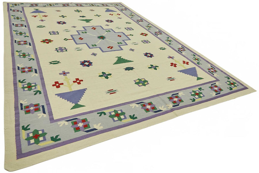 Krovix Krem Lacivert Madalyon Desenli Yün Pamuk El Dokuma Kilim 286x420 cm – genel görünüm