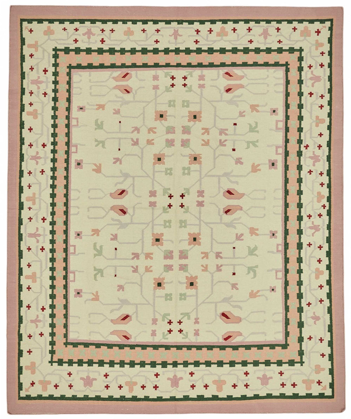 Krovix Modern Kilim Krem ve Koyu Yeşil Geometrik Desenli 248x305 cm