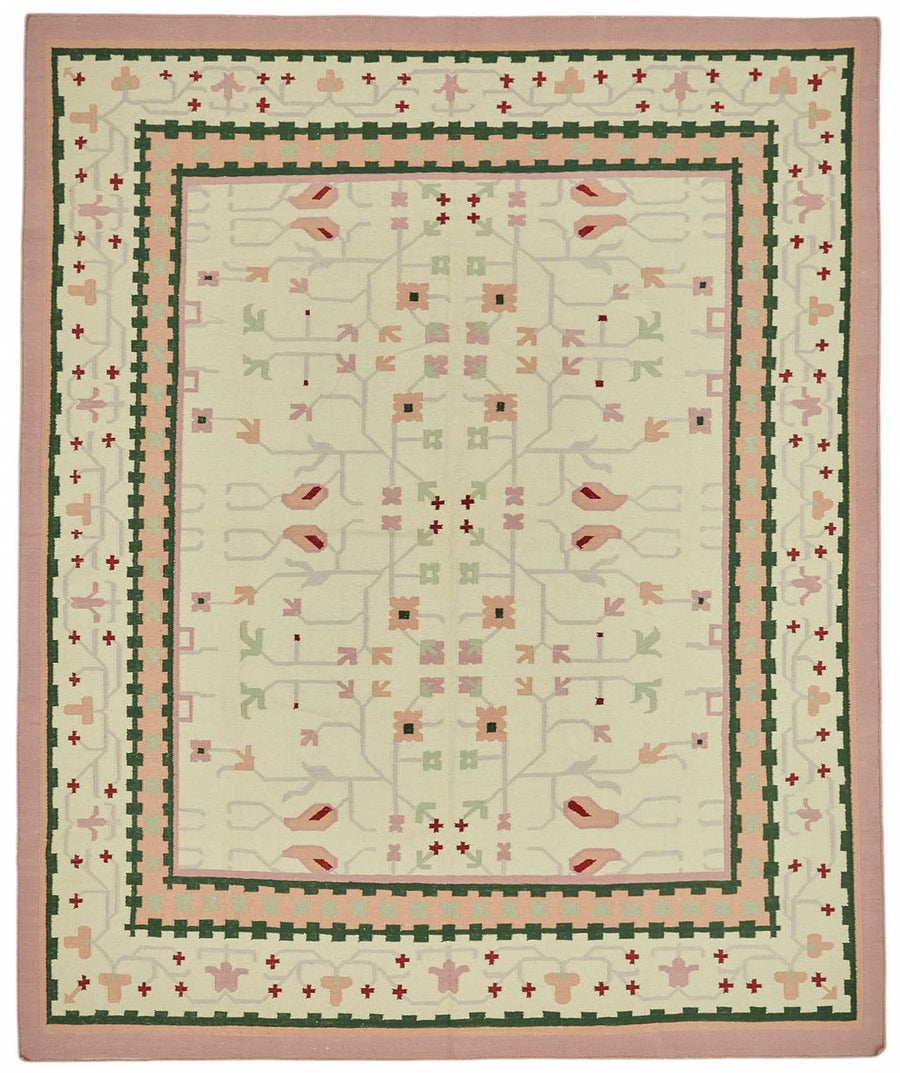 Krovix Modern Kilim Krem ve Koyu Yeşil Geometrik Desenli 248x305 cm