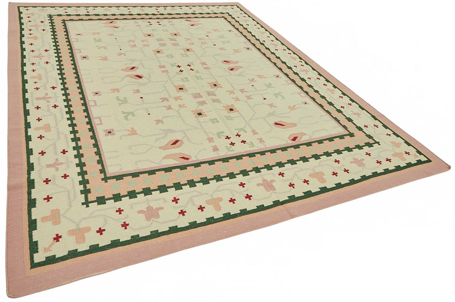 Krovix Modern Kilim Krem ve Koyu Yeşil Geometrik Desenli 248x305 cm – genel görünüm