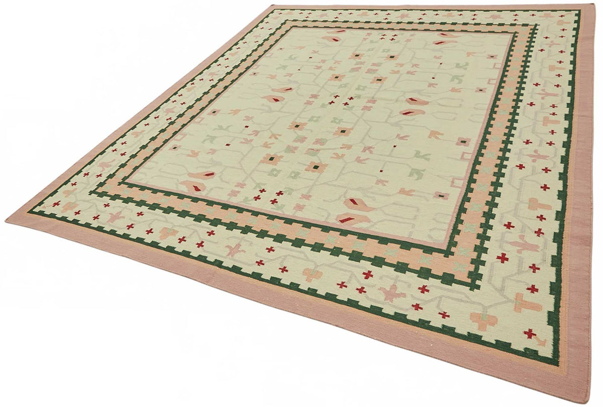Krovix Modern Kilim Krem ve Koyu Yeşil Geometrik Desenli 248x305 cm – doku yakın çekim