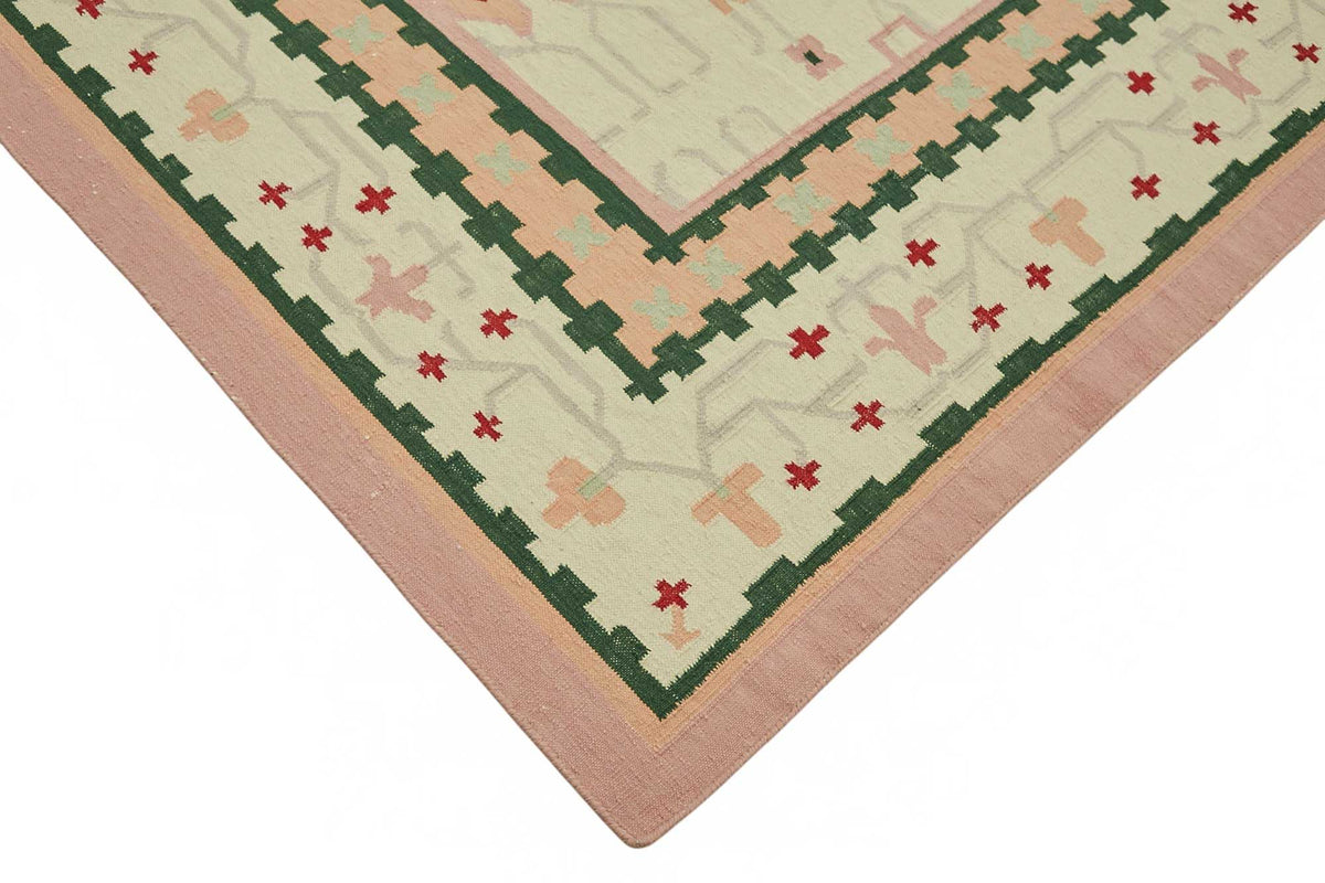 Krovix Modern Kilim Krem ve Koyu Yeşil Geometrik Desenli 248x305 cm – detay görünümü