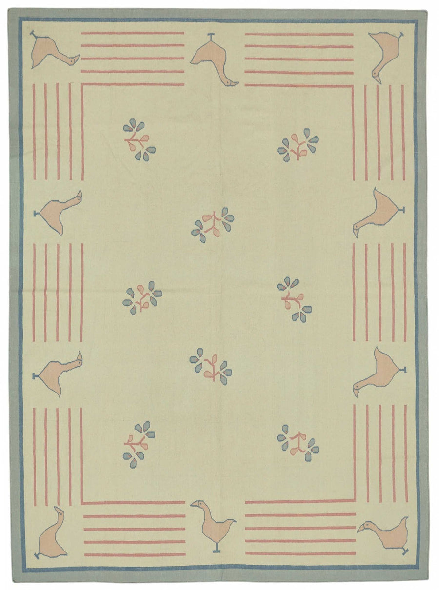 Krovix Krem ve Pembe Geometrik Desenli Yün Dokuma Modern Kilim, 268x362 cm