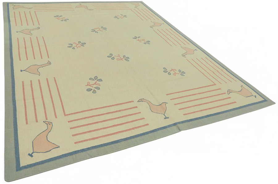 Krovix Krem ve Pembe Geometrik Desenli Yün Dokuma Modern Kilim, 268x362 cm – genel görünüm
