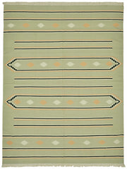 Krovix Yeşil ve Bej Geometrik Desenli Yün Dokuma Modern Kilim, 270x360 cm