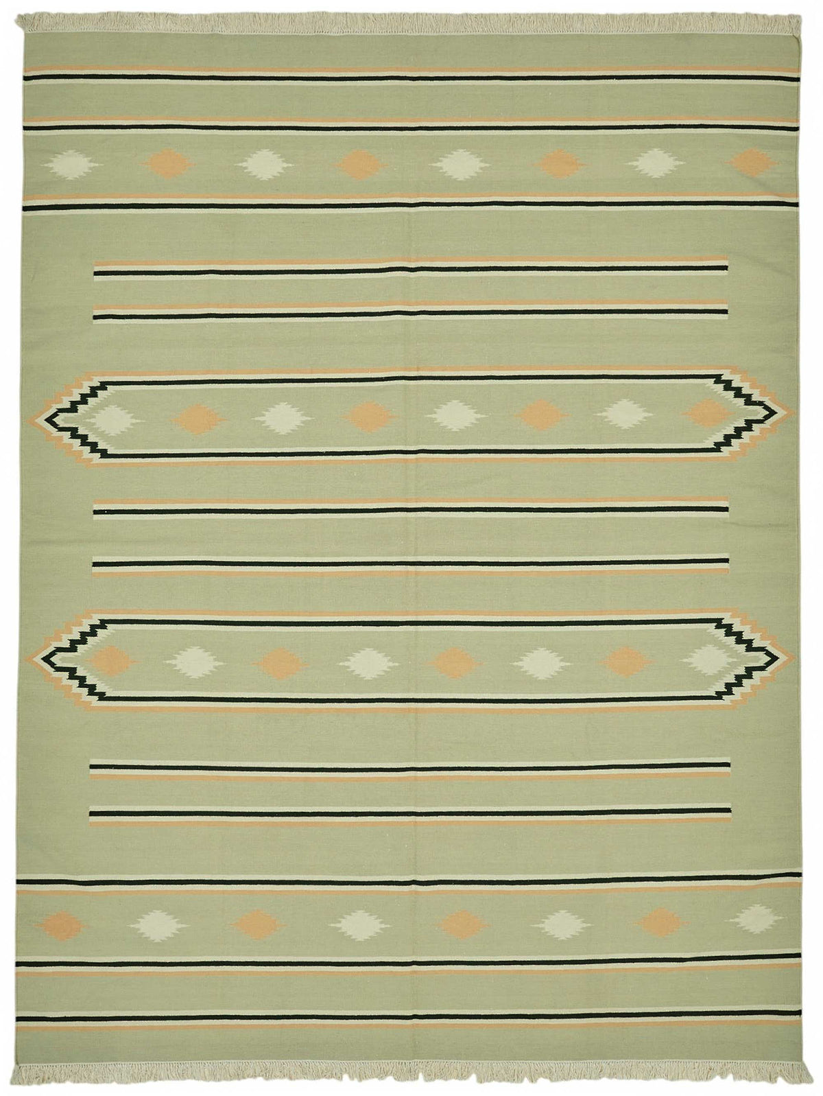 Krovix Yeşil ve Bej Geometrik Desenli Yün Dokuma Modern Kilim, 270x360 cm
