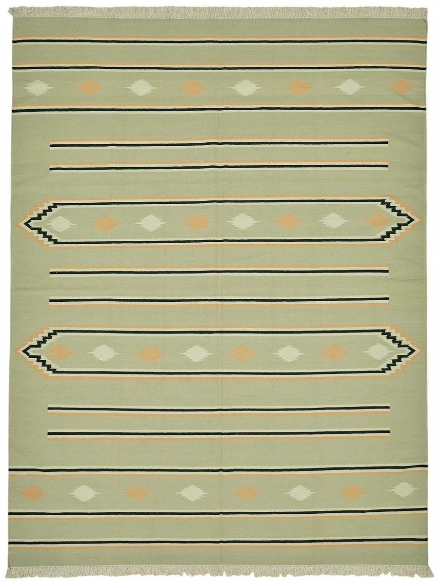 Krovix Yeşil ve Bej Geometrik Desenli Yün Dokuma Modern Kilim, 270x360 cm