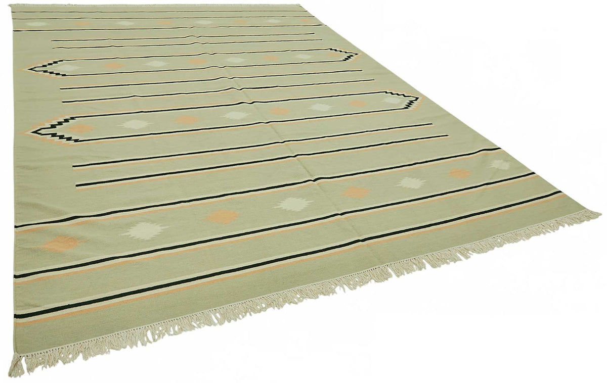 Krovix Yeşil ve Bej Geometrik Desenli Yün Dokuma Modern Kilim, 270x360 cm – genel görünüm