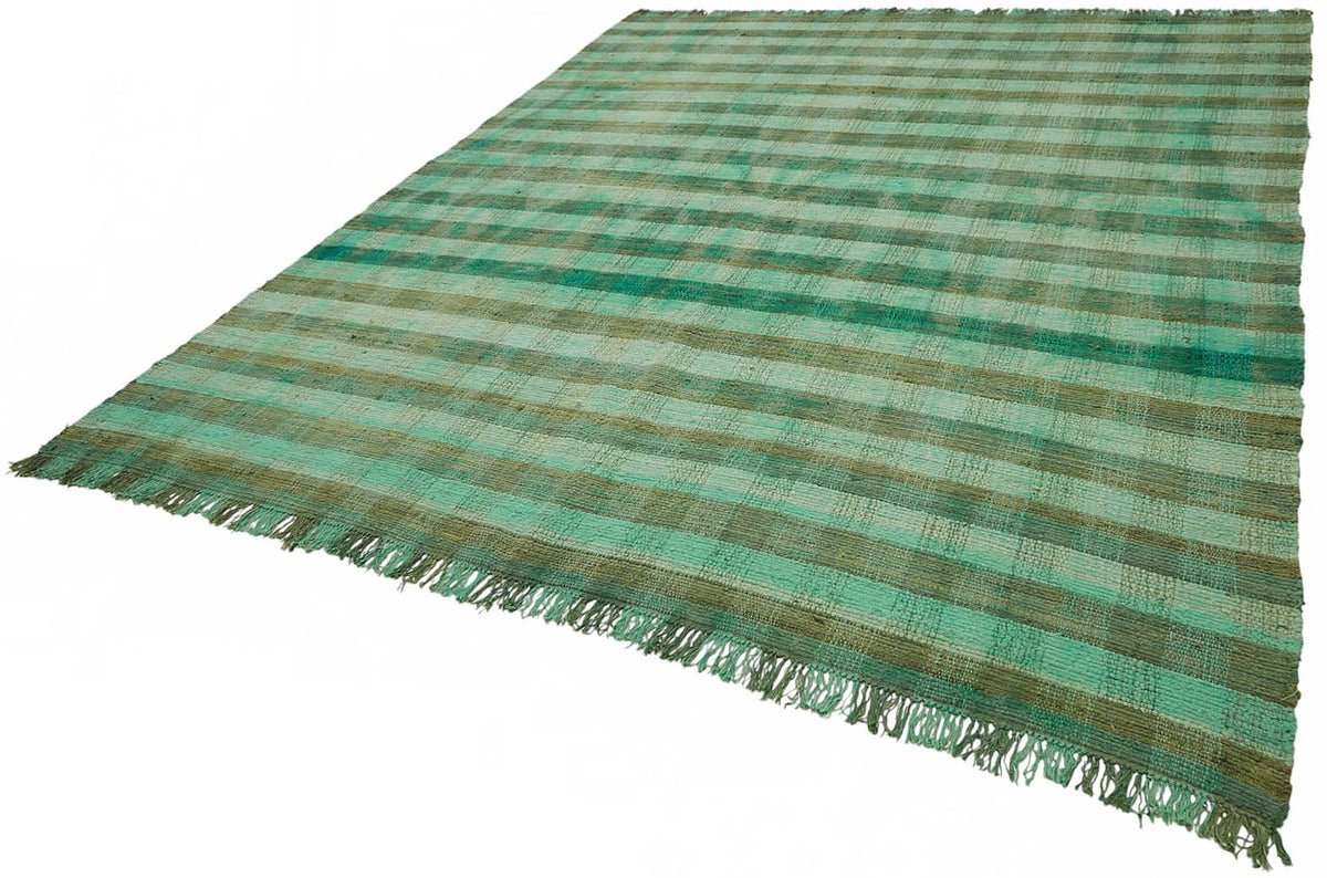 Gozvan Yeşil ve Kahverengi Çizgili Yün El Dokuma Halı 278x325 cm – doku yakın çekim