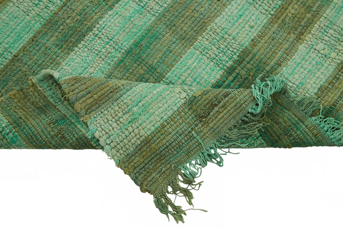 Gozvan Yeşil ve Kahverengi Çizgili Yün El Dokuma Halı 278x325 cm – kenar detayı