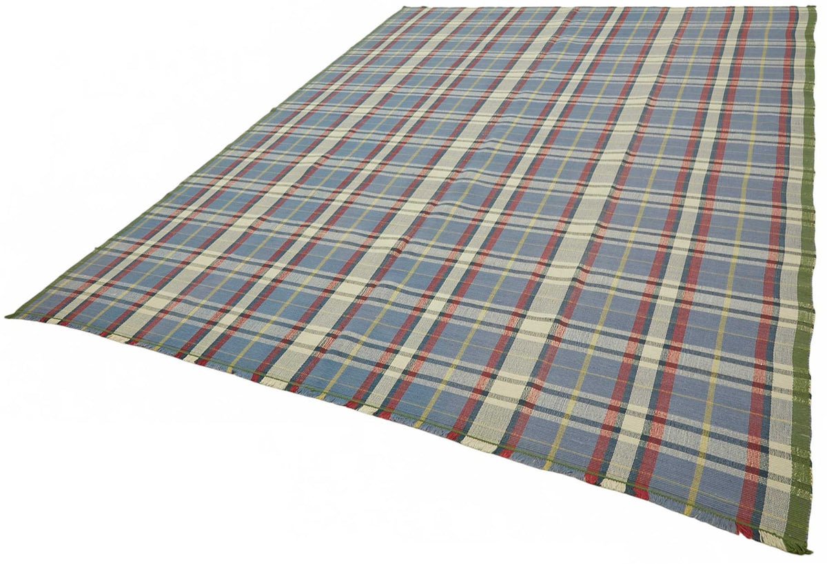 Gozvan Mavi Bej Geometrik Desenli Dokuma Modern Halı 264x346 cm – doku yakın çekim