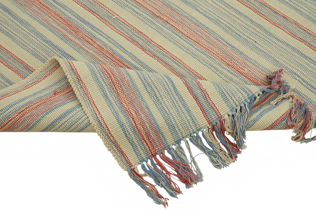 Gozvan Bej Mavi Çizgili Modern El Dokuma Halı 261x336 cm – kenar detayı