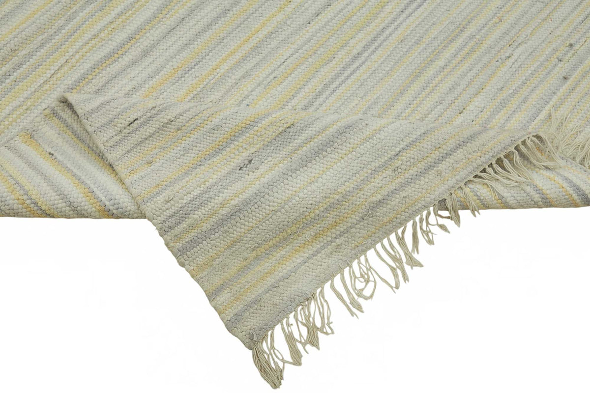 Gozvan Ekru ve Açık Gri Çizgili Yün El Dokuma Halı 300x407 cm – kenar detayı