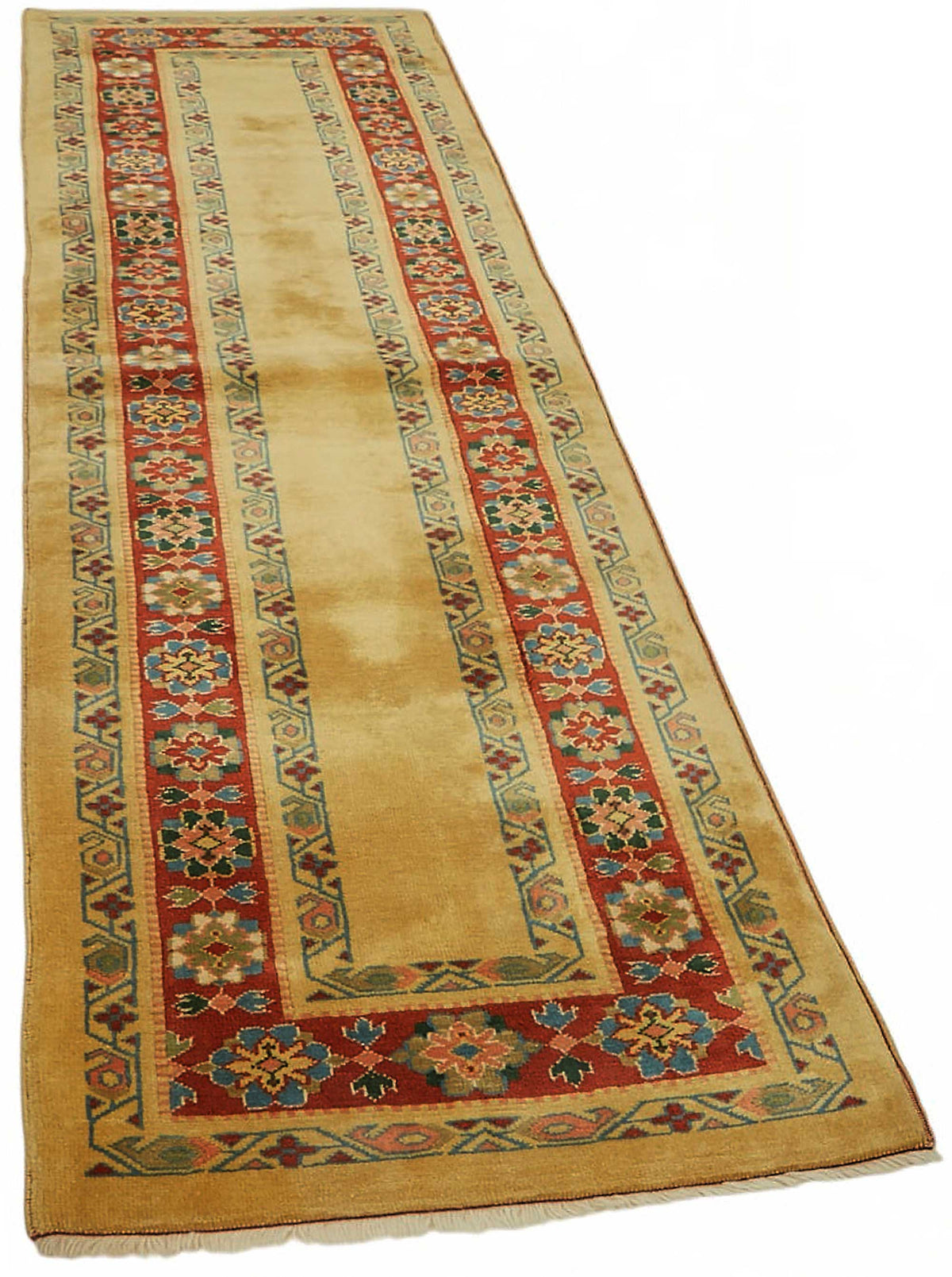 Kirzo Sarı Bordürlü Kırmızı Yolluk Geometrik Desenli 80x297 cm – genel görünüm