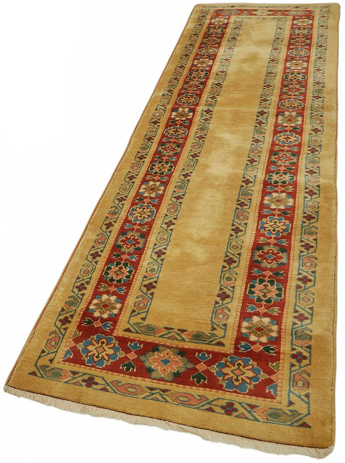 Kirzo Sarı Bordürlü Kırmızı Yolluk Geometrik Desenli 80x297 cm – doku yakın çekim