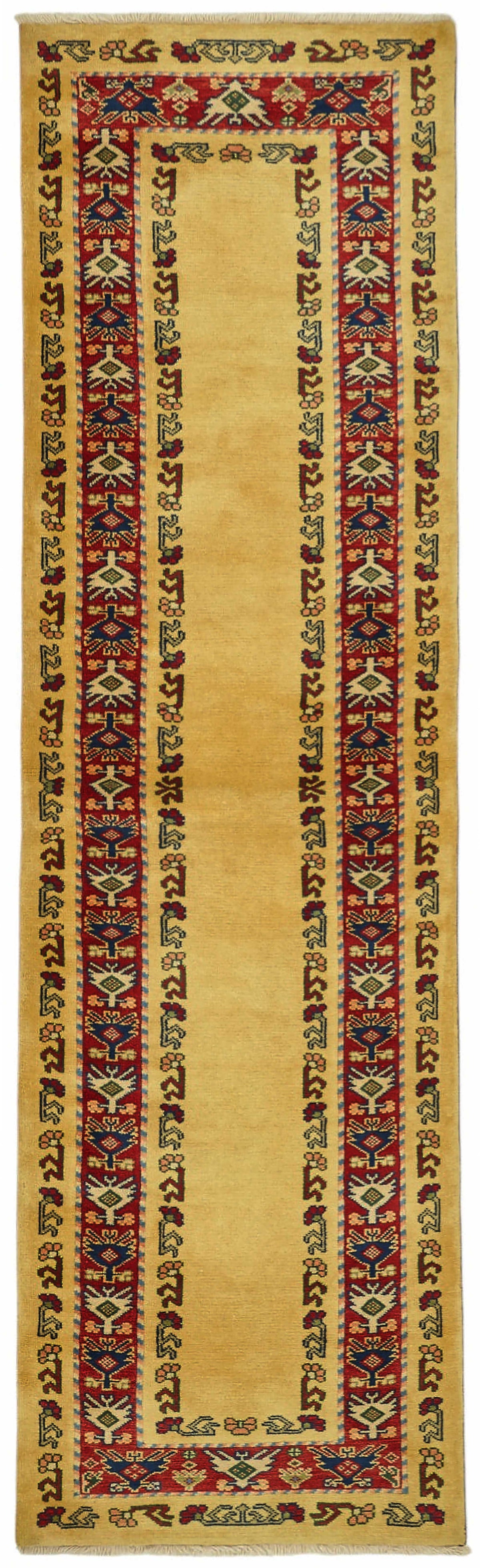 Kirzo Sarı Kırmızı Bordürlü Etnik Uşak El Dokuma Yolluk 81x292 cm