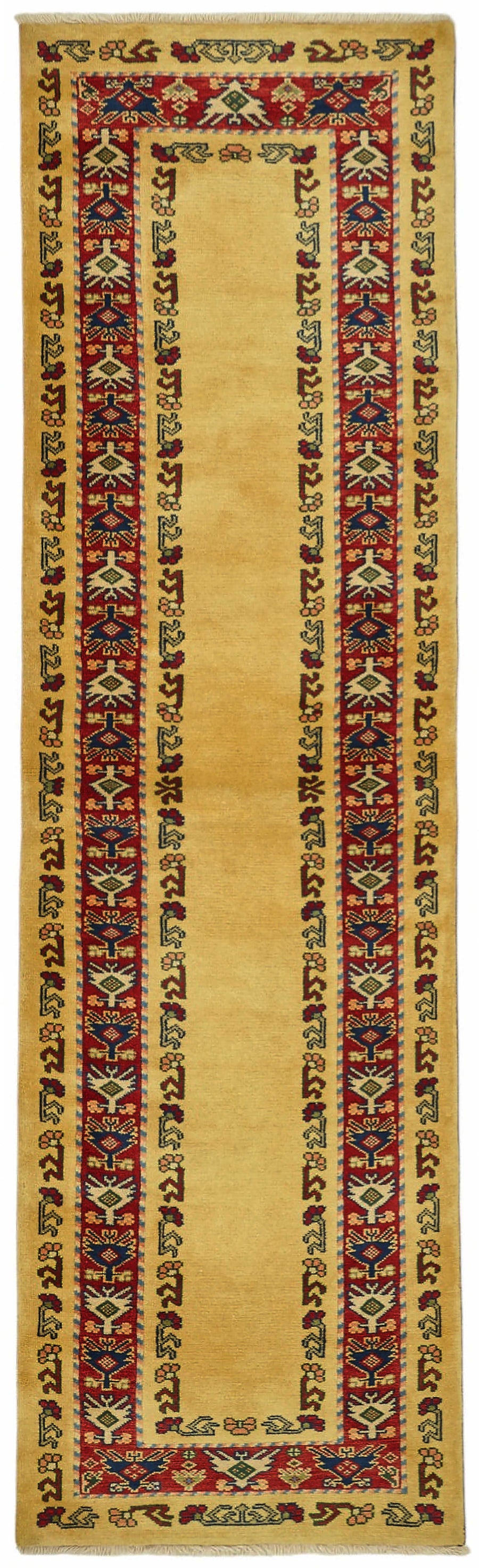 Kirzo Sarı Kırmızı Bordürlü Etnik Uşak El Dokuma Yolluk 81x292 cm