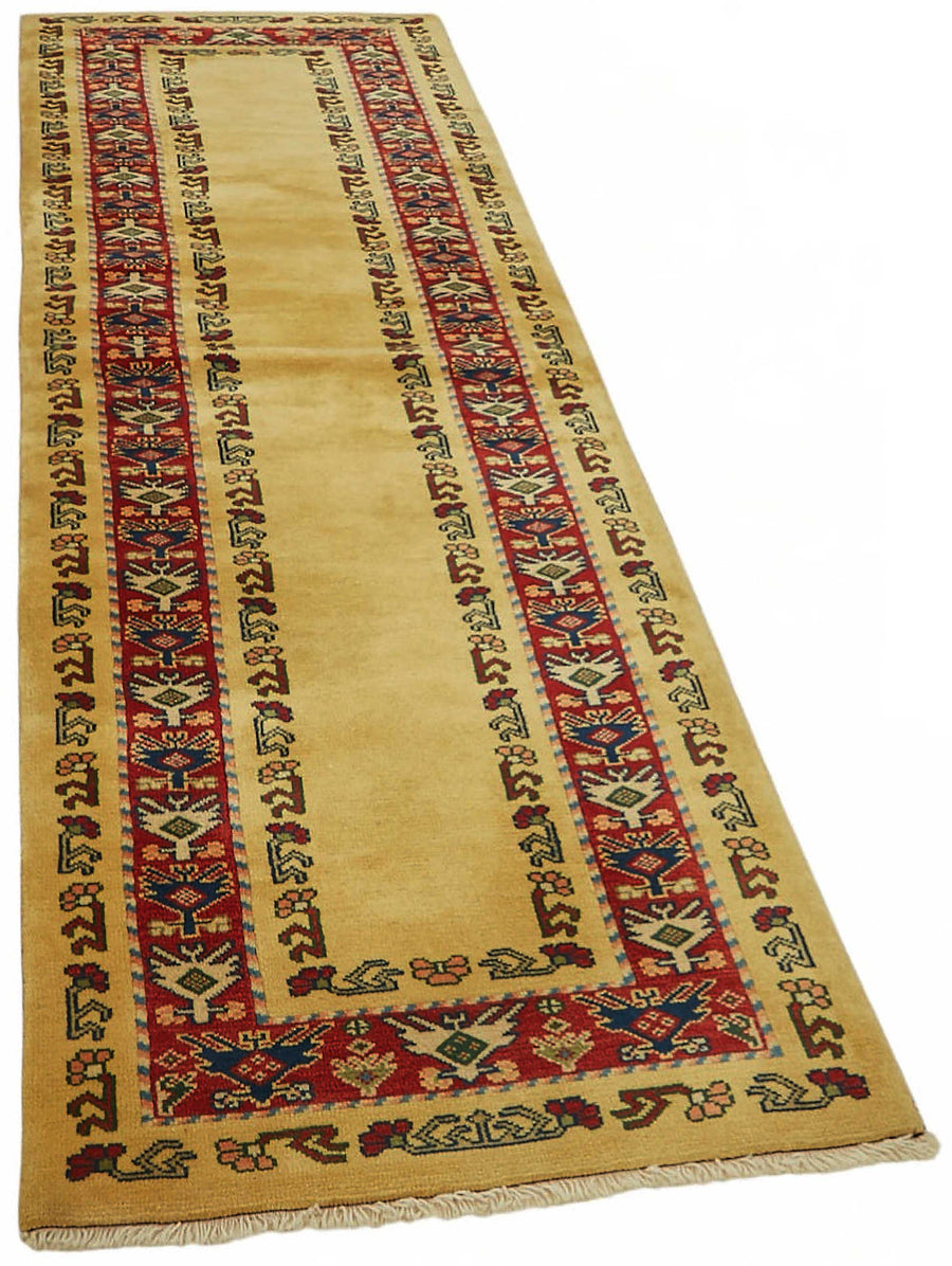 Kirzo Sarı Kırmızı Bordürlü Etnik Uşak El Dokuma Yolluk 81x292 cm – genel görünüm