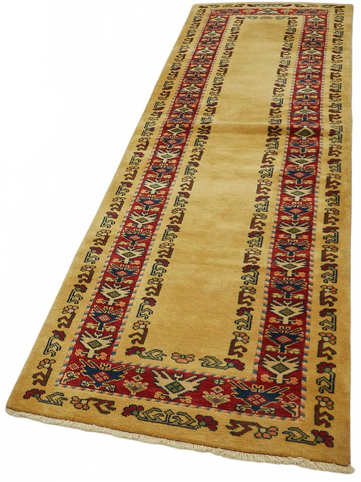 Kirzo Sarı Kırmızı Bordürlü Etnik Uşak El Dokuma Yolluk 81x292 cm – doku yakın çekim
