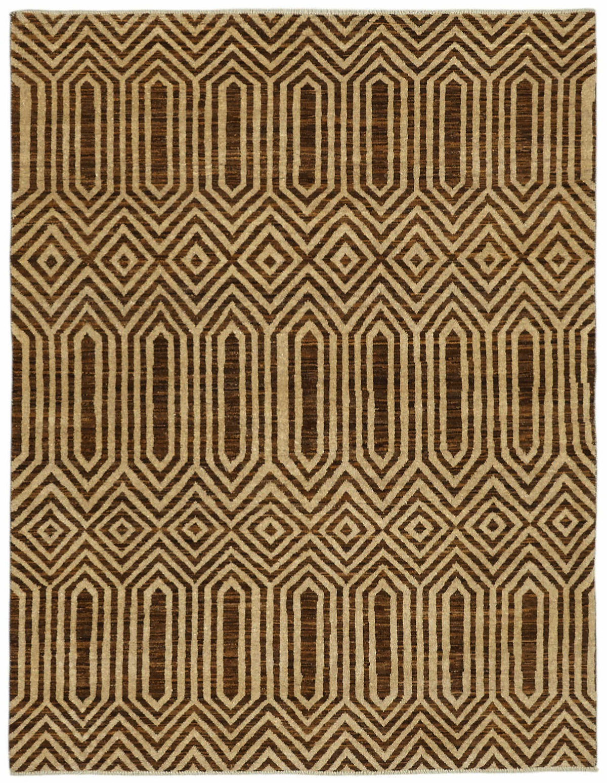 Lomli Koyu Kahverengi ve Bej Geometrik Desenli Uşak Halı 146x190 cm