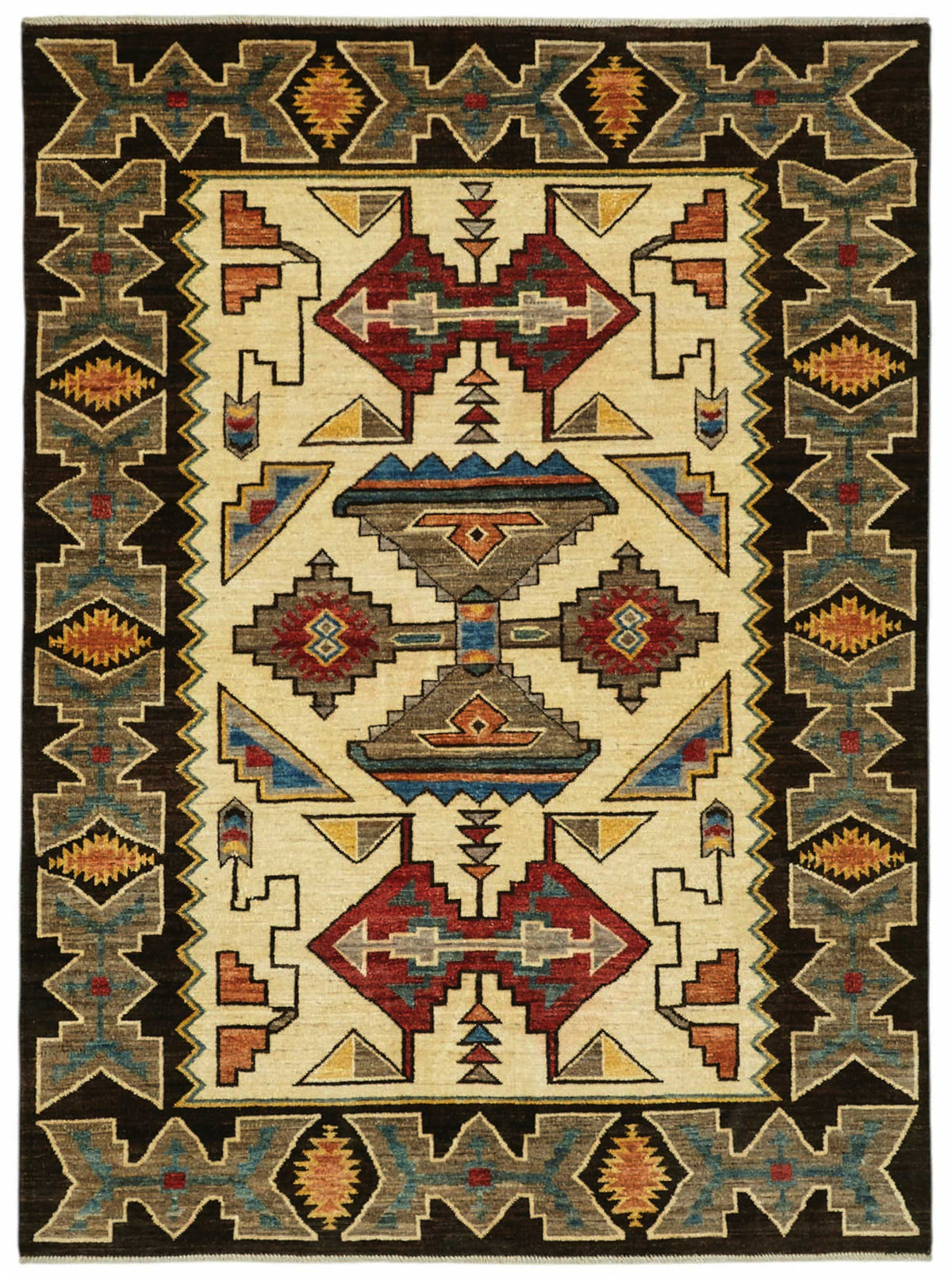 Lomli Krem Geometrik Desenli Yün El Dokuma Halı 150x201 cm