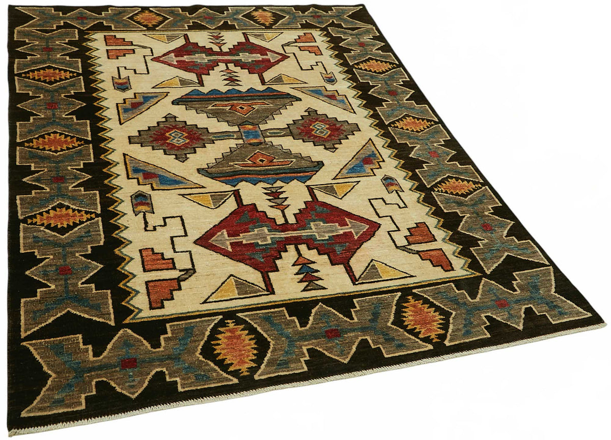 Lomli Krem Geometrik Desenli Yün El Dokuma Halı 150x201 cm – genel görünüm