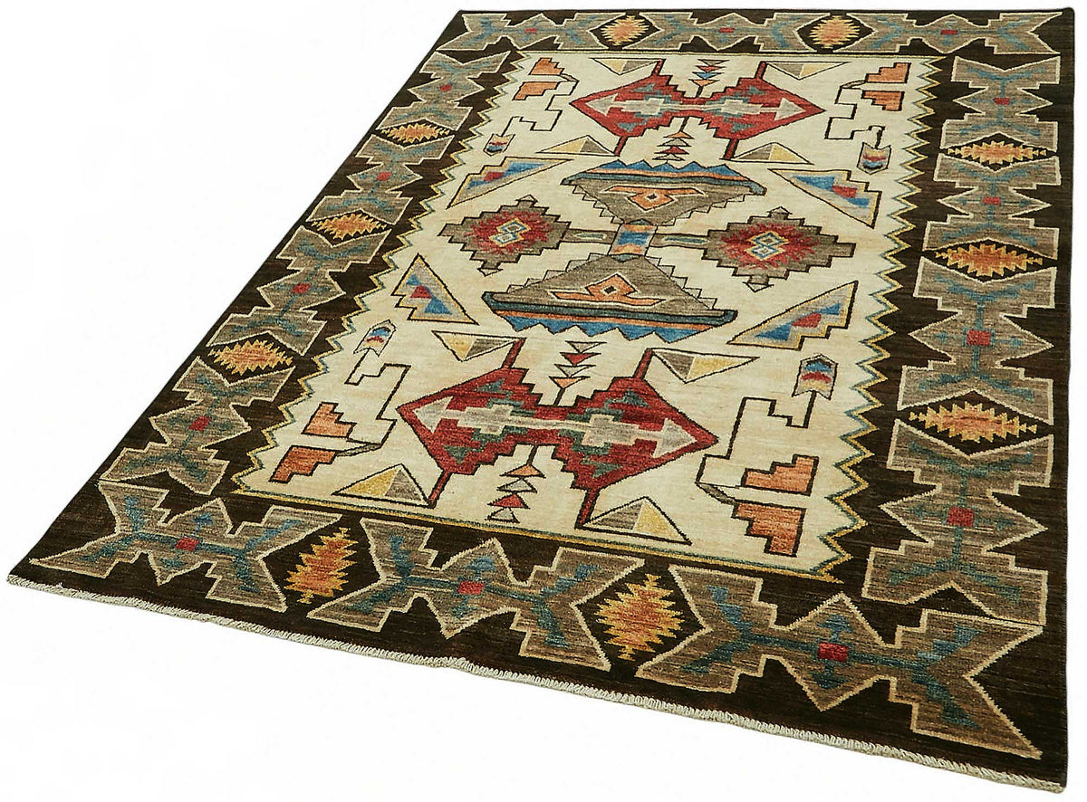Lomli Krem Geometrik Desenli Yün El Dokuma Halı 150x201 cm – doku yakın çekim
