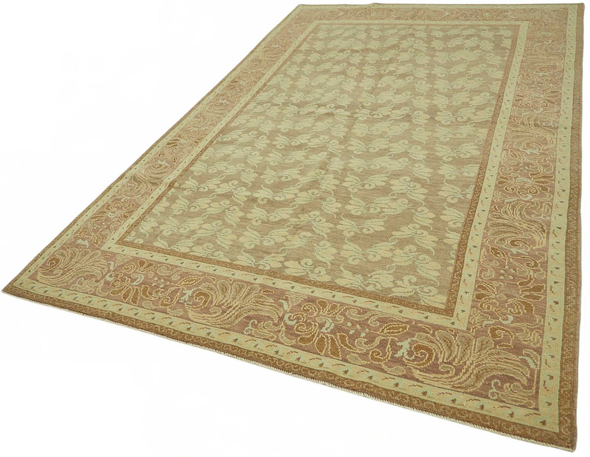 Vamave Uşak Bej Kahverengi Çiçek Desenli El Dokuma Halı 203x310 cm – doku yakın çekim
