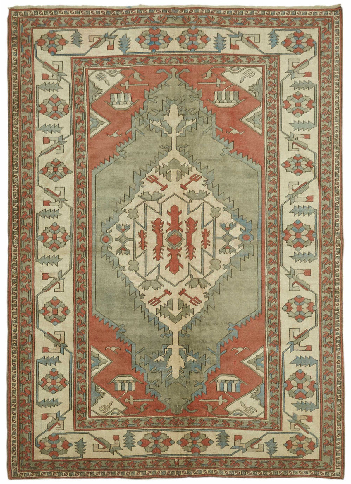 Vamave Bej Kırmızı Geometrik Desenli Uşak El Dokuma Halı 204x277 cm