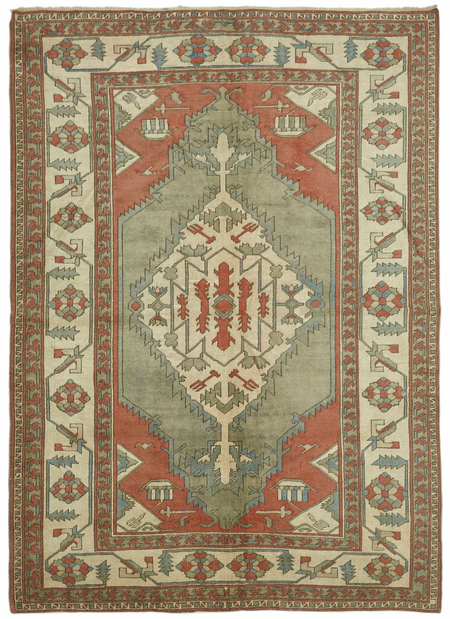 Vamave Bej Kırmızı Geometrik Desenli Uşak El Dokuma Halı 204x277 cm