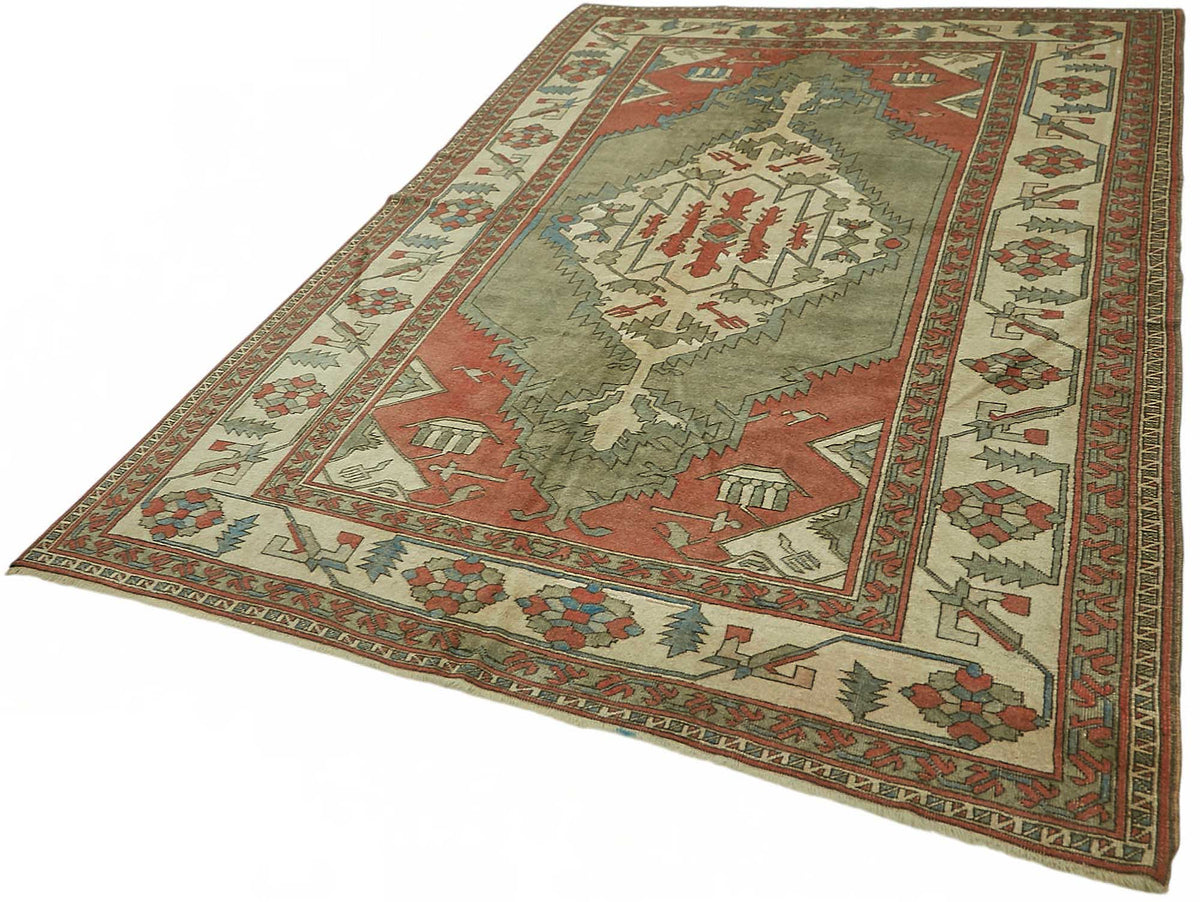 Vamave Bej Kırmızı Geometrik Desenli Uşak El Dokuma Halı 204x277 cm – doku yakın çekim