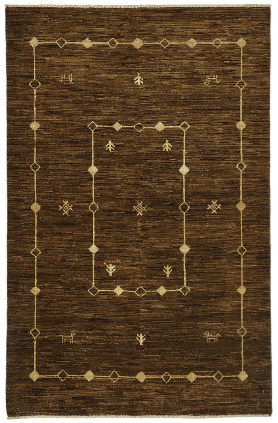 Lomli Kahverengi Bej Geometrik Desenli Etnik Pamuk Yün El Dokuma Halı 117x186 cm