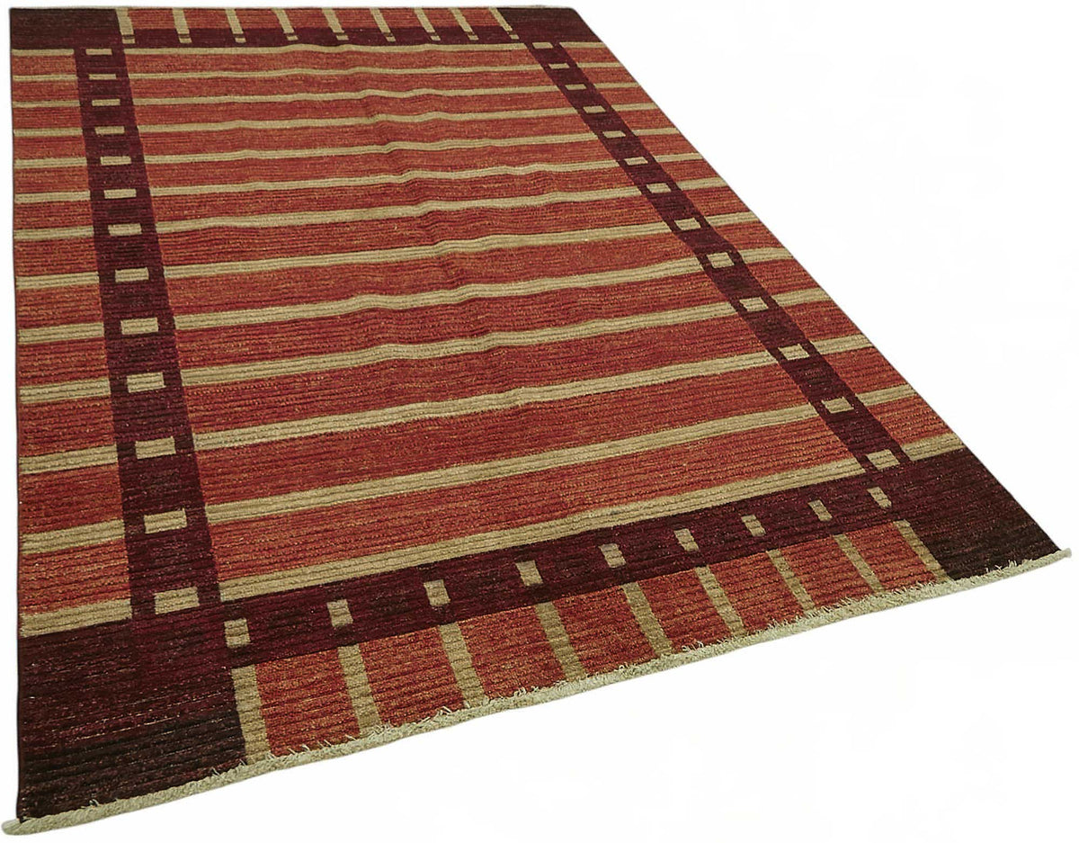 Vamave Çizgili Kırmızı Bej Uşak El Dokuma Halı 166x247 cm – genel görünüm