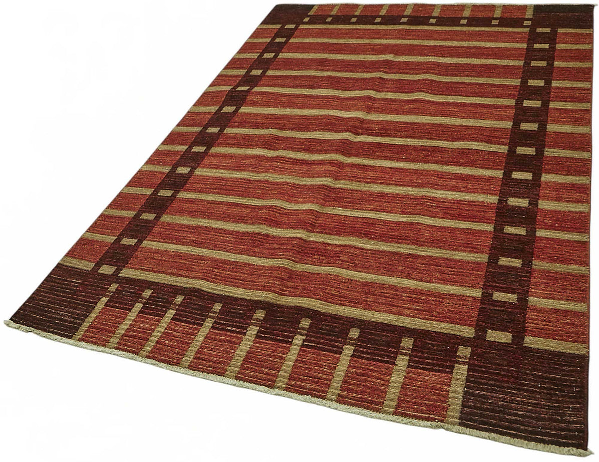 Vamave Çizgili Kırmızı Bej Uşak El Dokuma Halı 166x247 cm – doku yakın çekim