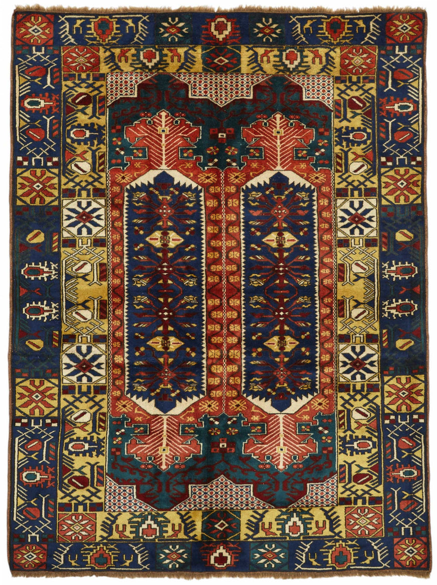 Vamave Lacivert Kırmızı Geometrik Desenli Uşak El Dokuma Halı 170x229 cm
